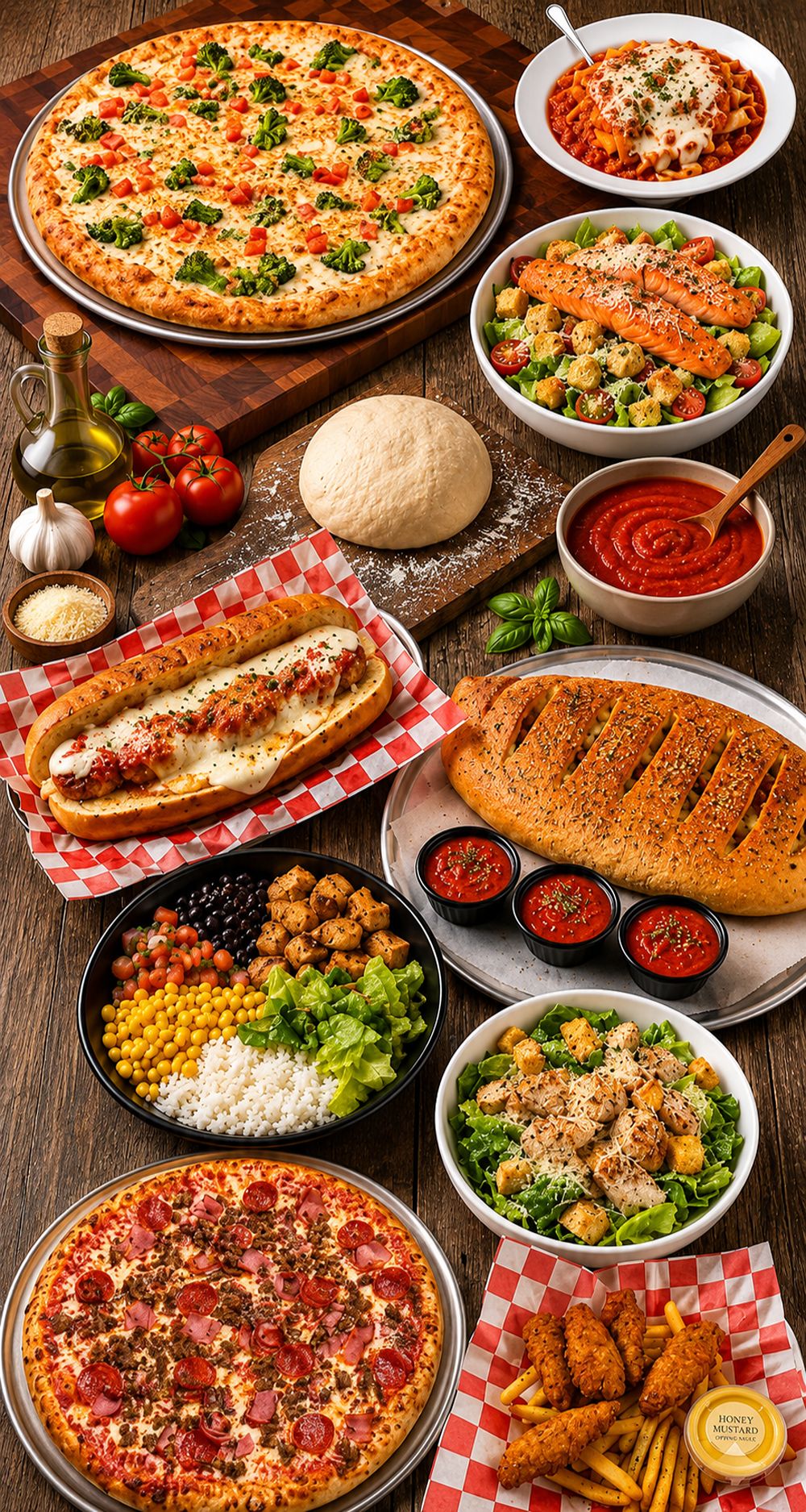 Signature dishes from Pizza Sauce Timonium including specialty pizzas, pasta, salads, rice bowls, wings, homemade dough, and fresh Italian ingredients