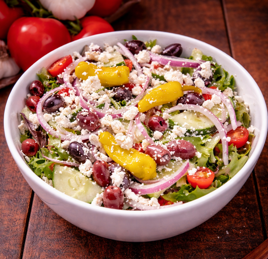 Authentic Greek salad with feta, olives, and pepperoncini—healthy fresh salads for offices in Towson and Timonium.