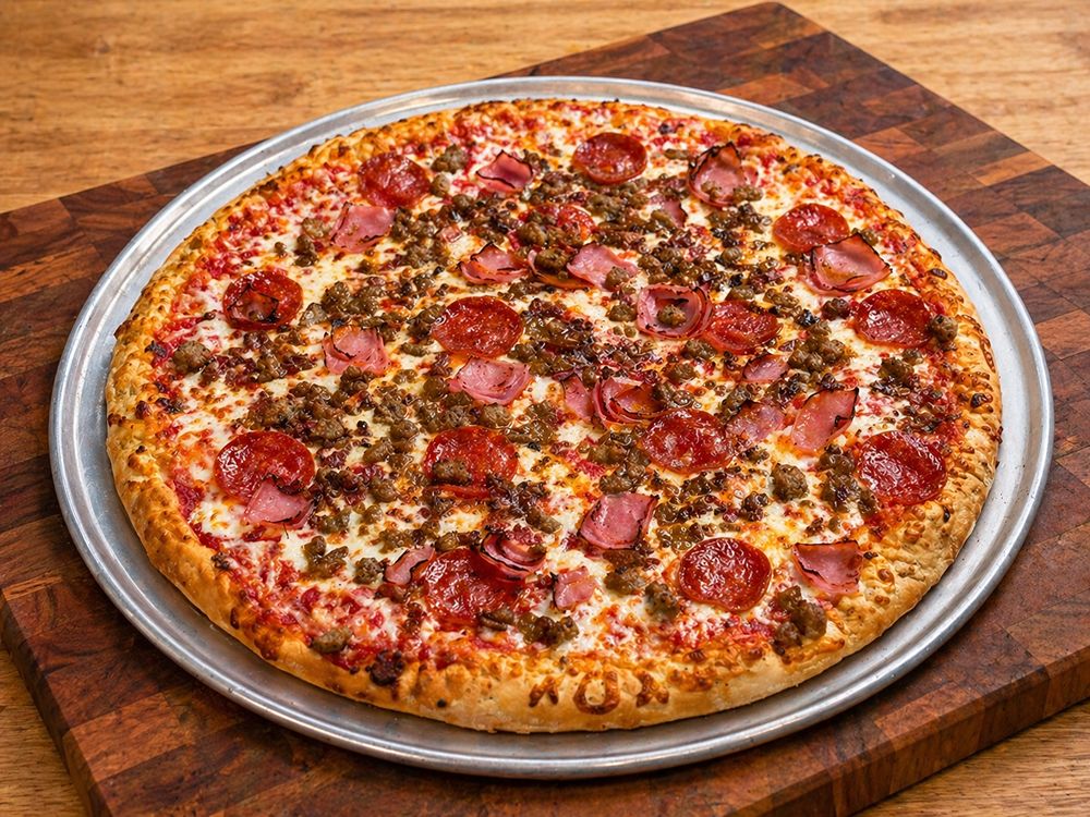 Loaded Meatlover's pizza with pepperoni, sausage, and ham—best delivery near York Road and Cockeysville.